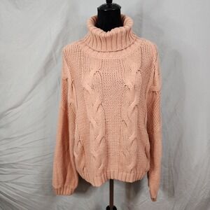Oversized Peach Size Medium Cable Knit Turtleneck Sweater Casual Winter Preppy